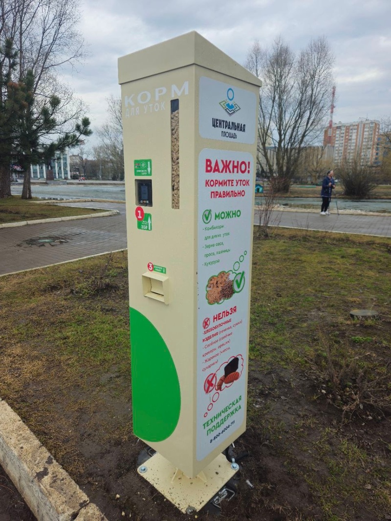 Автомат с кормом для уток возле пруда «Баранка» в центре Одинцово, В Одинцово установили автоматы с правильным питанием для уток и белок